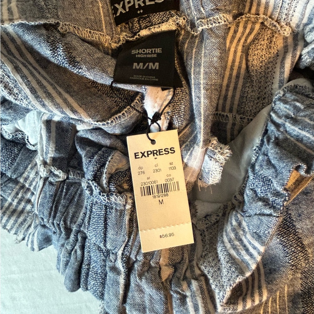 Express “Shortie” high waisted shorts blue/white stripes size medium tie… - Picture 6 of 7